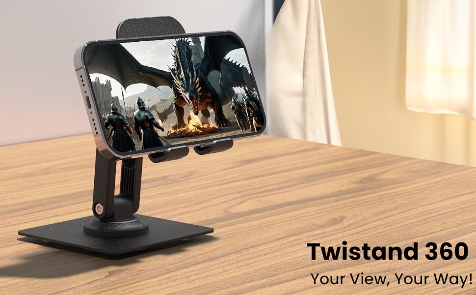 Ambrane 360° Rotation, Foldable Design Mobile Stand with Stable Metalic Round Base, Multiple Height & Angle adjustments Compatible with Smartphones, Tablets, Kindles & iPad (Twistand 360, Black)