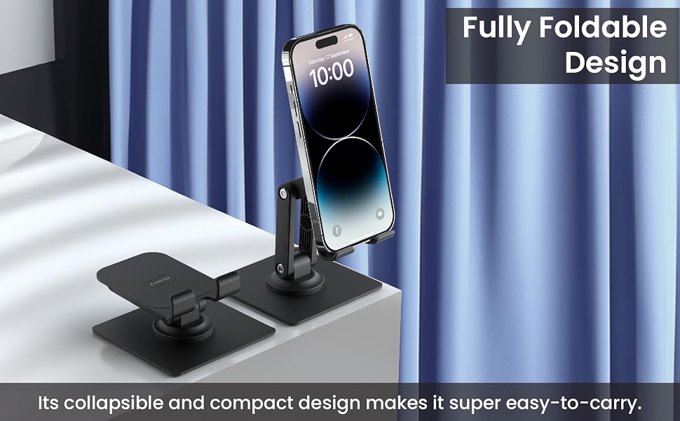 Ambrane 360° Rotation, Foldable Design Mobile Stand with Stable Metalic Round Base, Multiple Height & Angle adjustments Compatible with Smartphones, Tablets, Kindles & iPad (Twistand 360, Black)