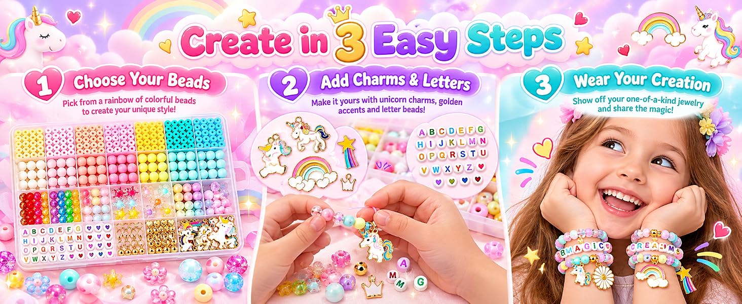 Style Keepers Unicorn Bracelet Making Kit for Girls | DIY Jewellery Craft Set with Colourful Beads, Letter Beads, Cute Charms & Elastic String | Creative Art & Craft Gift for Kids | DIY Girls Jewellery Making Set