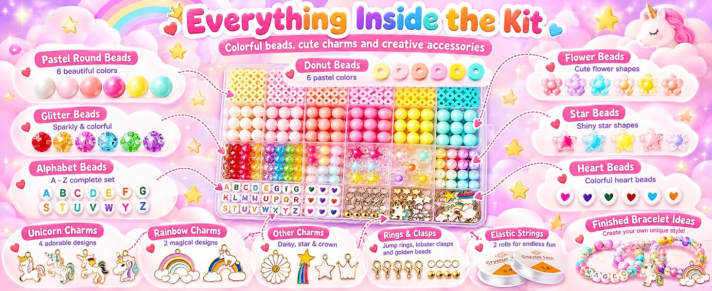 Style Keepers Unicorn Bracelet Making Kit for Girls | DIY Jewellery Craft Set with Colourful Beads, Letter Beads, Cute Charms & Elastic String | Creative Art & Craft Gift for Kids | DIY Girls Jewellery Making Set