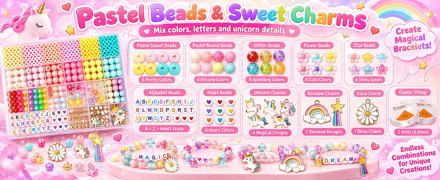 Style Keepers Unicorn Bracelet Making Kit for Girls | DIY Jewellery Craft Set with Colourful Beads, Letter Beads, Cute Charms & Elastic String | Creative Art & Craft Gift for Kids | DIY Girls Jewellery Making Set