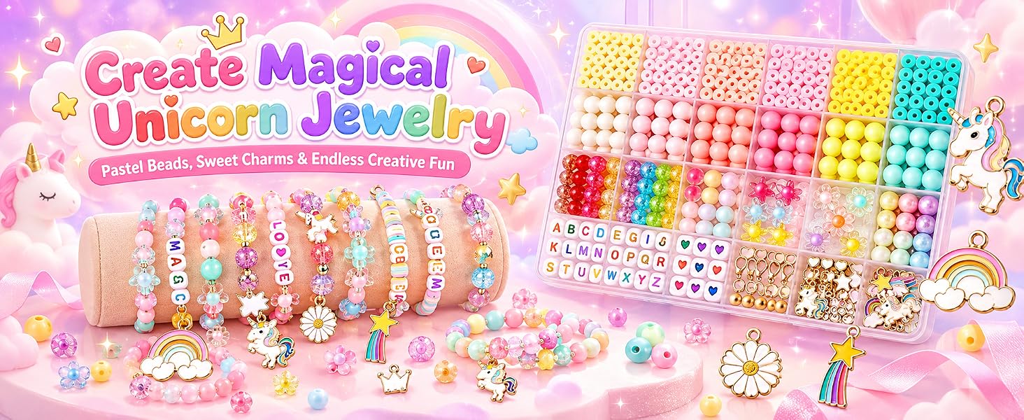 Style Keepers Unicorn Bracelet Making Kit for Girls | DIY Jewellery Craft Set with Colourful Beads, Letter Beads, Cute Charms & Elastic String | Creative Art & Craft Gift for Kids | DIY Girls Jewellery Making Set
