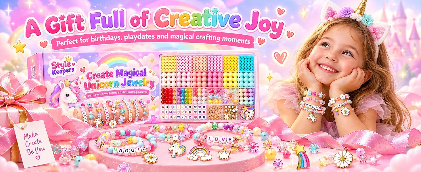 Style Keepers Unicorn Bracelet Making Kit for Girls | DIY Jewellery Craft Set with Colourful Beads, Letter Beads, Cute Charms & Elastic String | Creative Art & Craft Gift for Kids | DIY Girls Jewellery Making Set
