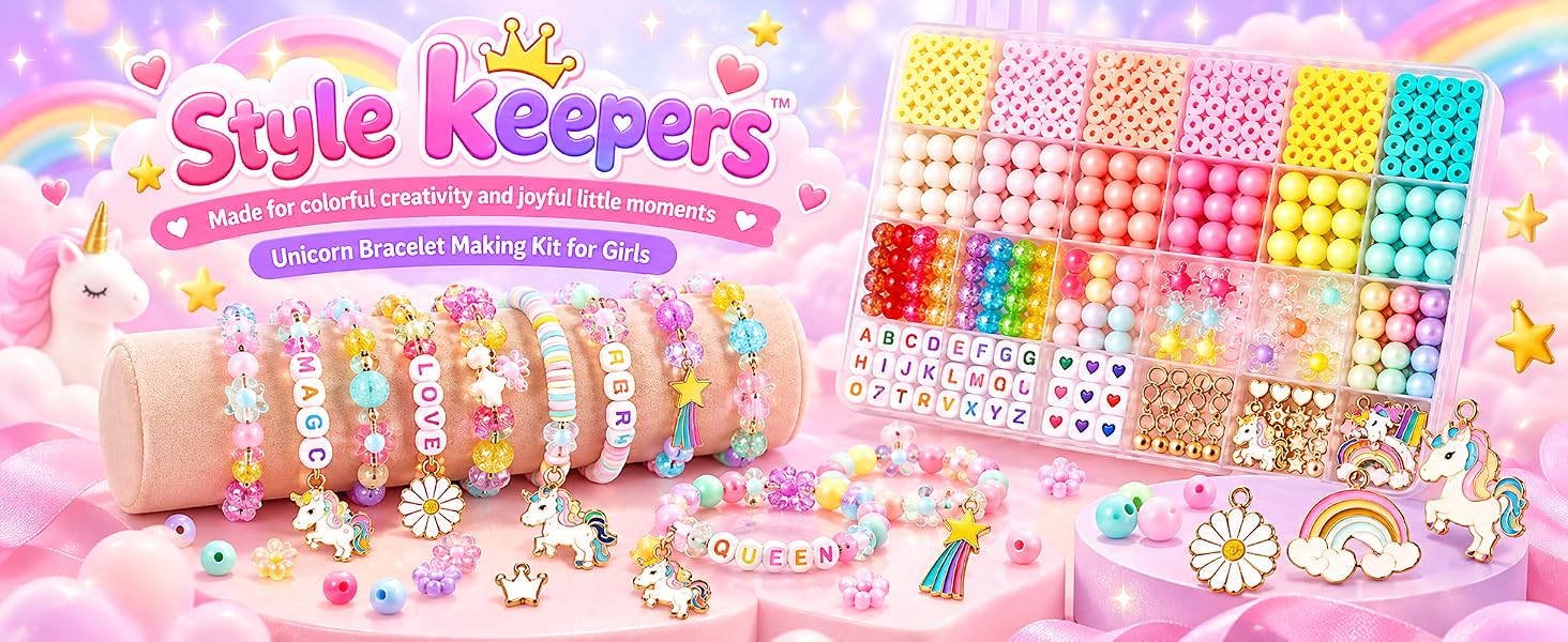 Style Keepers Unicorn Bracelet Making Kit for Girls | DIY Jewellery Craft Set with Colourful Beads, Letter Beads, Cute Charms & Elastic String | Creative Art & Craft Gift for Kids | DIY Girls Jewellery Making Set