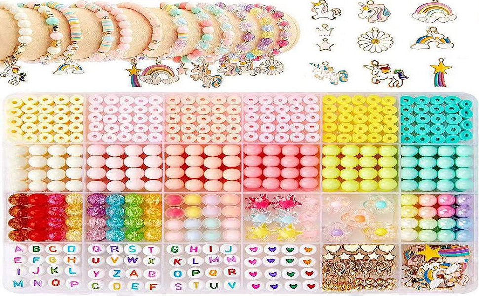 curve creation Bracelet Making Kit for Girls Jewellery Making Kit with Clay Beads Letter Beads Unicorn & Rainbow Charms Crystal Beads Elastic String & Scissors Friendship Bracelet Craft Kit for Kids
