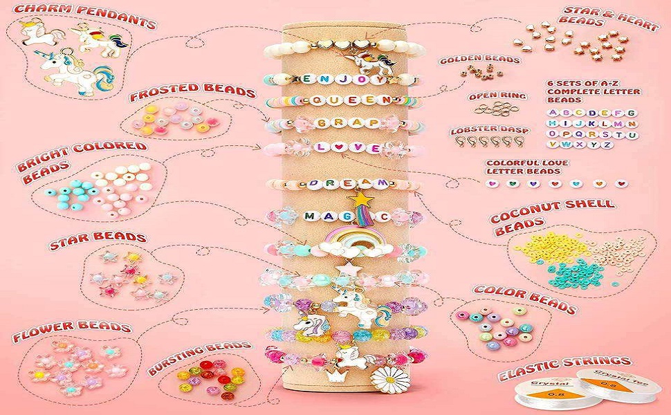 curve creation Bracelet Making Kit for Girls Jewellery Making Kit with Clay Beads Letter Beads Unicorn & Rainbow Charms Crystal Beads Elastic String & Scissors Friendship Bracelet Craft Kit for Kids