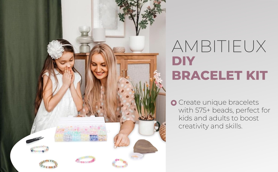 Ambitieux DIY Bracelet Making Kit – 575+ Beads Jewelry Set with Glass, Double, Charms Pendants Accessories, Evil Eye, Elastic Thread, Cutter & Jute Bag – Craft Kit for Girls, Kids & Adults birthday 2 3 4 5 6 7 8 9 years (Crackle)