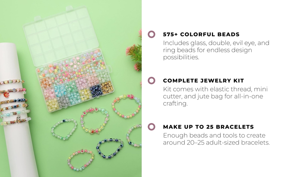 Ambitieux DIY Bracelet Making Kit – 575+ Beads Jewelry Set with Glass, Double, Charms Pendants Accessories, Evil Eye, Elastic Thread, Cutter & Jute Bag – Craft Kit for Girls, Kids & Adults birthday 2 3 4 5 6 7 8 9 years (Crackle)