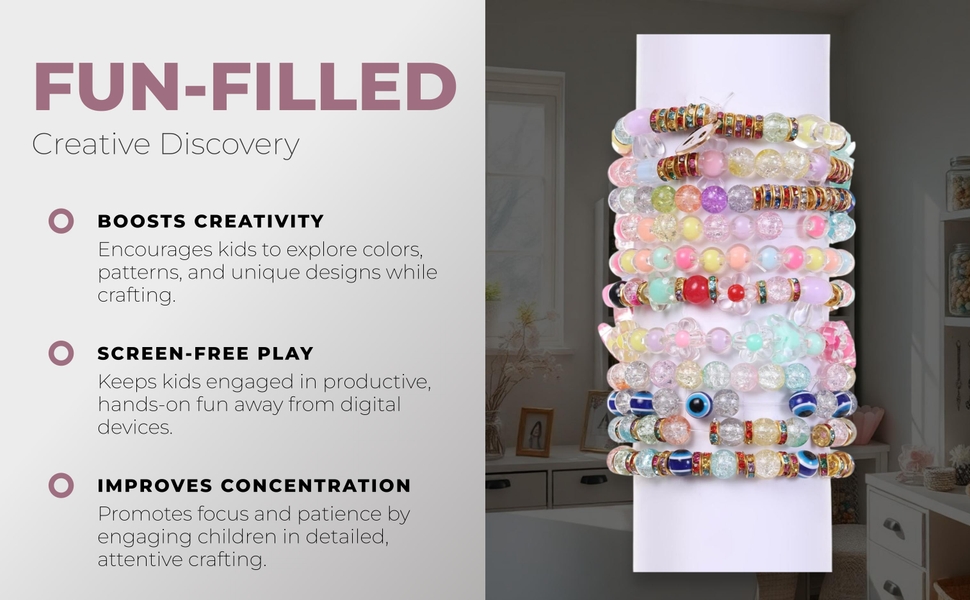 Ambitieux DIY Bracelet Making Kit – 575+ Beads Jewelry Set with Glass, Double, Charms Pendants Accessories, Evil Eye, Elastic Thread, Cutter & Jute Bag – Craft Kit for Girls, Kids & Adults birthday 2 3 4 5 6 7 8 9 years (Crackle)