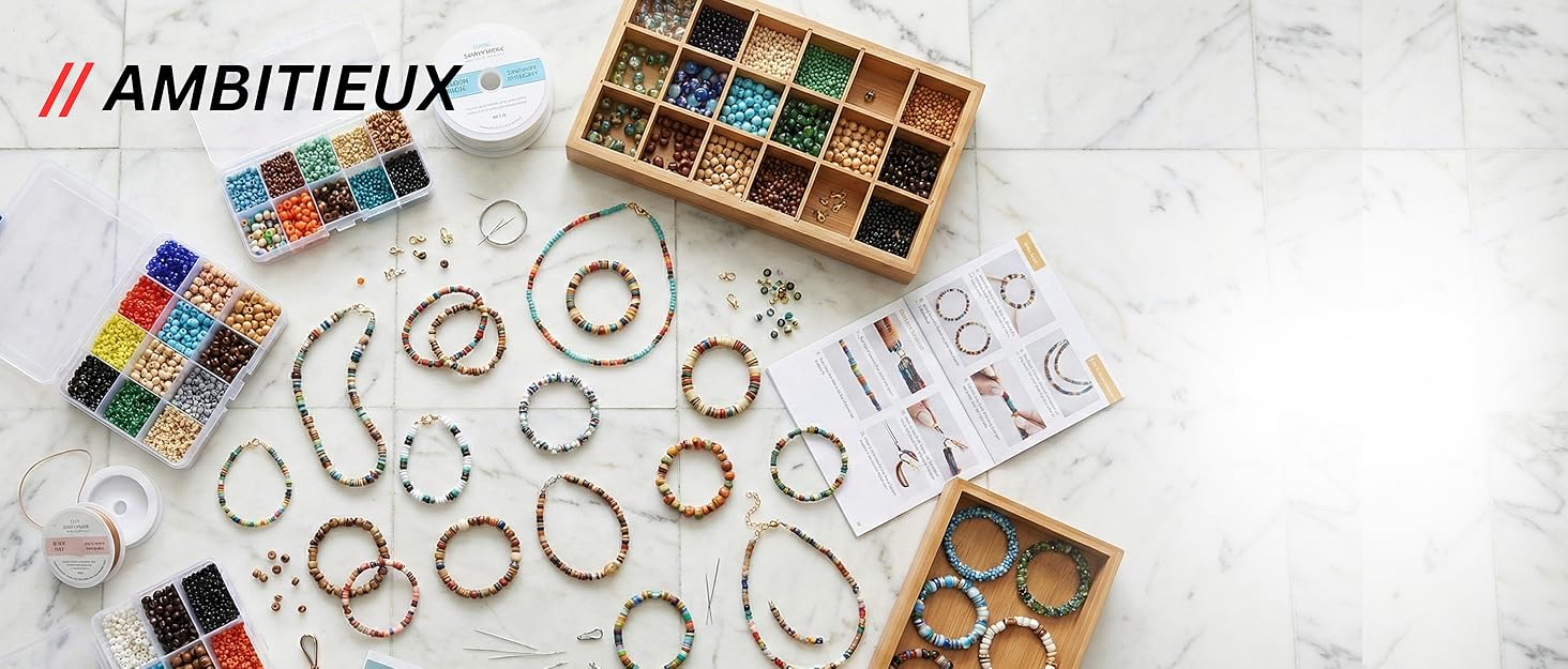 Ambitieux DIY Bracelet Making Kit – 575+ Beads Jewelry Set with Glass, Double, Charms Pendants Accessories, Evil Eye, Elastic Thread, Cutter & Jute Bag – Craft Kit for Girls, Kids & Adults birthday 2 3 4 5 6 7 8 9 years (Crackle)