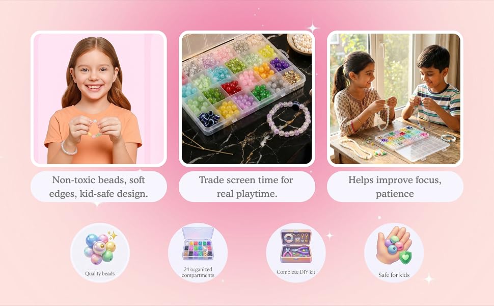 Ambitieux Children Jewelry Making Craft Bracelet Kits set for Kids - DIY 24 Compartment Box, 400+ Colorful Beads, Ear Hangings, Lobster Locks & Rings , 8 Pcs of Charms With Accessories - Birthday Gift for Girls 4 5 6 7 Years Packed in a sturdy corrugated 