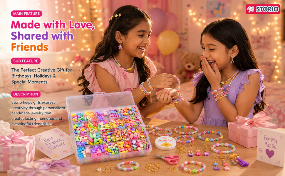 Storio Bracelet Making Kit for Girls, DIY Jewelry Making Kit with Beads, Charms, Elastic String & Scissors, Friendship Bracelet Kit, Arts & Crafts Gift for Girls Age 7 8 9 10 11 12 13 14 Years
