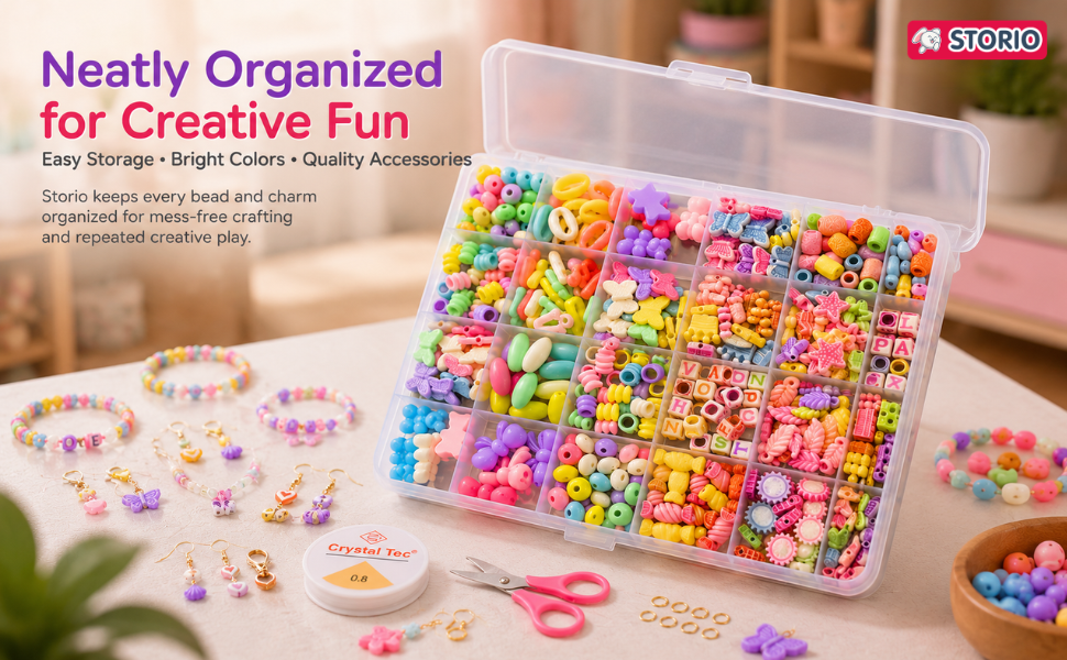 Storio Bracelet Making Kit for Girls, DIY Jewelry Making Kit with Beads, Charms, Elastic String & Scissors, Friendship Bracelet Kit, Arts & Crafts Gift for Girls Age 7 8 9 10 11 12 13 14 Years
