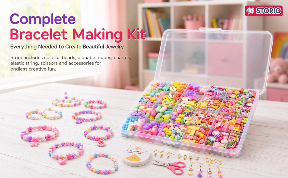 Storio Bracelet Making Kit for Girls, DIY Jewelry Making Kit with Beads, Charms, Elastic String & Scissors, Friendship Bracelet Kit, Arts & Crafts Gift for Girls Age 7 8 9 10 11 12 13 14 Years
