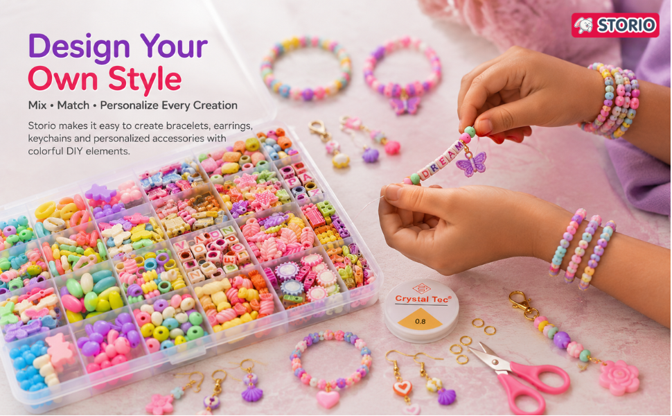 Storio Bracelet Making Kit for Girls, DIY Jewelry Making Kit with Beads, Charms, Elastic String & Scissors, Friendship Bracelet Kit, Arts & Crafts Gift for Girls Age 7 8 9 10 11 12 13 14 Years