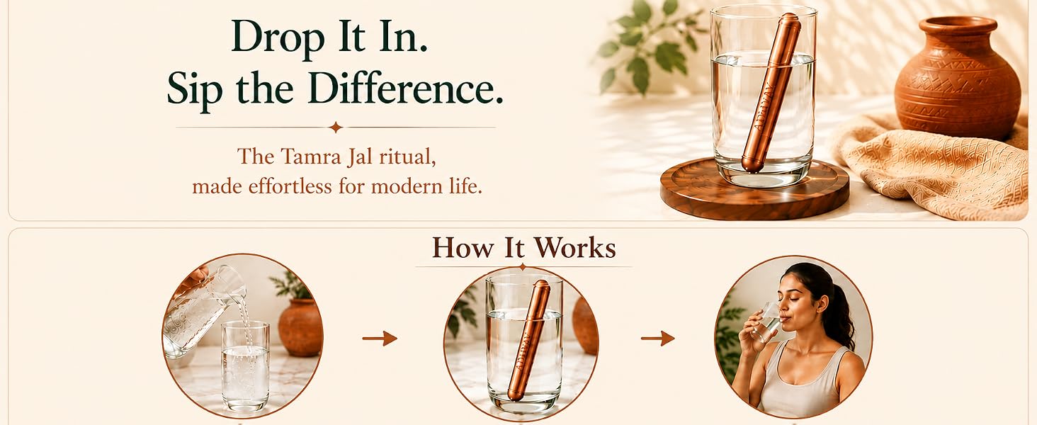 ADHYAY Copper Stem Water Enhancer — 99.9% Pure Unpolished Copper Stick, Lab-Tested Food-Grade | Ayurvedic Tamra Jal Charger for Glass, Bottle, Jug & Mitti Ka Matka | Portable Reusable, 2 Pc
