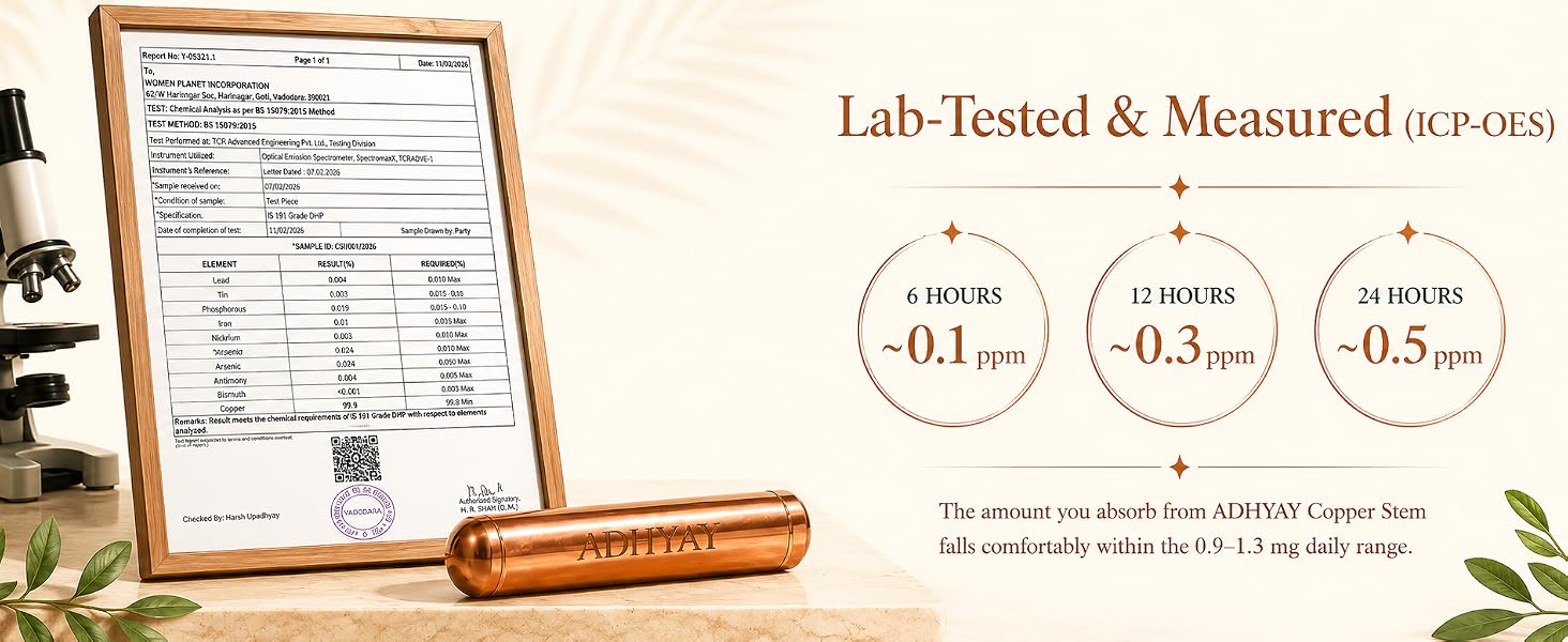 ADHYAY Copper Stem Water Enhancer — 99.9% Pure Unpolished Copper Stick, Lab-Tested Food-Grade | Ayurvedic Tamra Jal Charger for Glass, Bottle, Jug & Mitti Ka Matka | Portable Reusable, 2 Pc