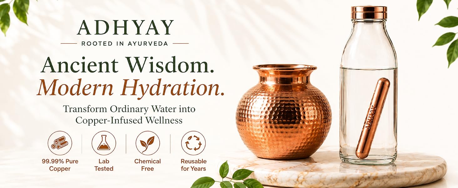 ADHYAY Copper Stem Water Enhancer — 99.9% Pure Unpolished Copper Stick, Lab-Tested Food-Grade | Ayurvedic Tamra Jal Charger for Glass, Bottle, Jug & Mitti Ka Matka | Portable Reusable, 2 Pc