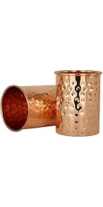 100% Pure Copper Hammered Tumbler 300ml | Ayurvedic Drinking Glass for Water | Traditional Handcrafted Copper Utensil – 2Pcs Set