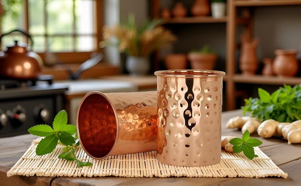 100% Pure Copper Hammered Tumbler 300ml | Ayurvedic Drinking Glass for Water | Traditional Handcrafted Copper Utensil – 2Pcs Set
