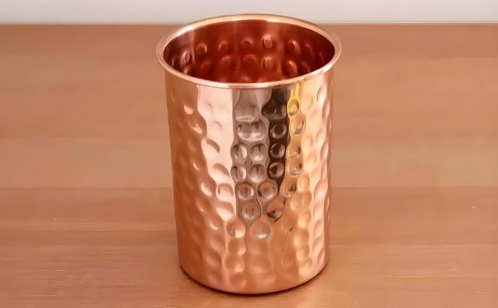 100% Pure Copper Hammered Tumbler 300ml | Ayurvedic Drinking Glass for Water | Traditional Handcrafted Copper Utensil – 2Pcs Set