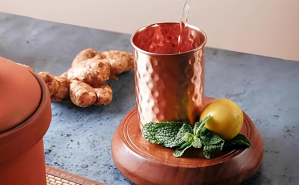 100% Pure Copper Hammered Tumbler 300ml | Ayurvedic Drinking Glass for Water | Traditional Handcrafted Copper Utensil – 2Pcs Set