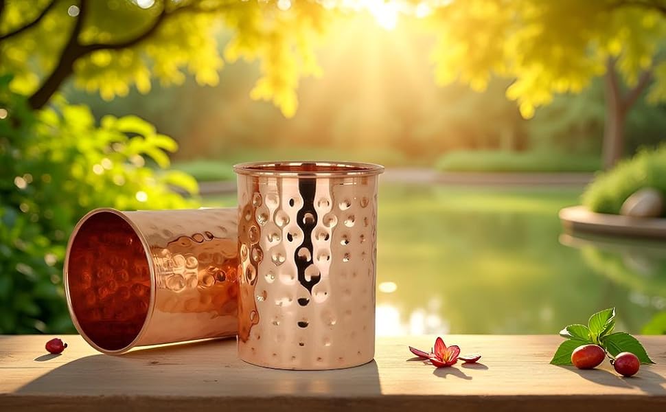 100% Pure Copper Hammered Tumbler 300ml | Ayurvedic Drinking Glass for Water | Traditional Handcrafted Copper Utensil – 2Pcs Set