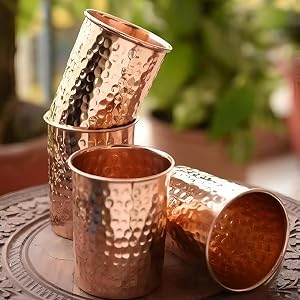 100% Pure Copper Hammered Tumbler 300ml | Ayurvedic Drinking Glass for Water | Traditional Handcrafted Copper Utensil – 2Pcs Set