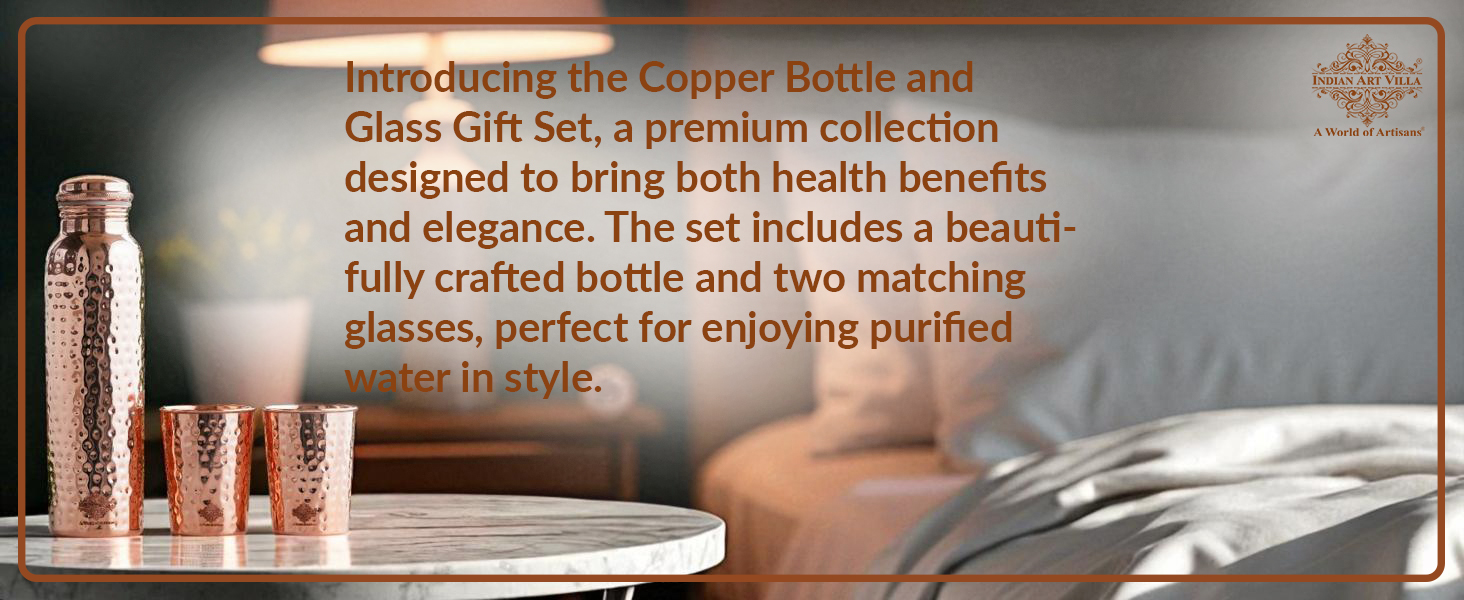 INDIAN ART VILLA Pure Copper Drinkware Gift Set of Hammered Design 1 Bottle & 2 Glass with Blue Box, Gifting Item for Diwali, Birthday & Parties, Bottle-900 ML & Glass- 275 ML