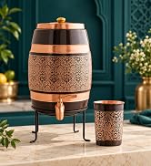 INDIAN ART VILLA Pure Copper Drinkware Gift Set of Hammered Design 1 Bottle & 2 Glass with Blue Box, Gifting Item for Diwali, Birthday & Parties, Bottle-900 ML & Glass- 275 ML