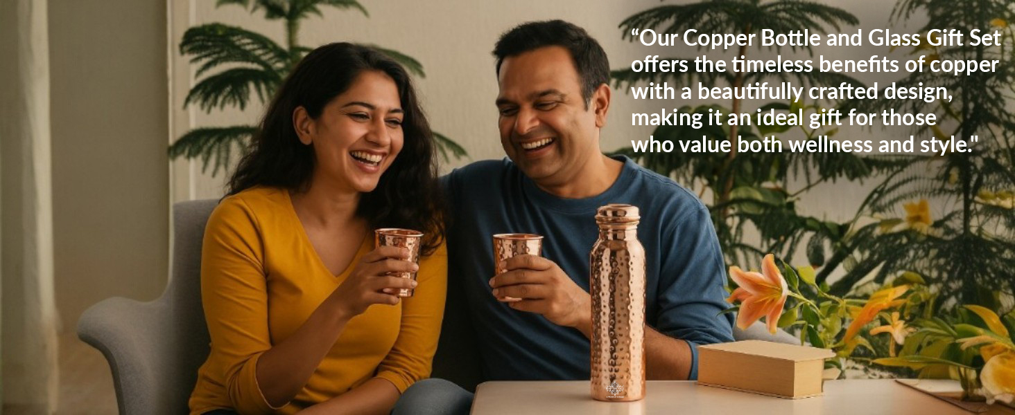 INDIAN ART VILLA Pure Copper Drinkware Gift Set of Hammered Design 1 Bottle & 2 Glass with Blue Box, Gifting Item for Diwali, Birthday & Parties, Bottle-900 ML & Glass- 275 ML