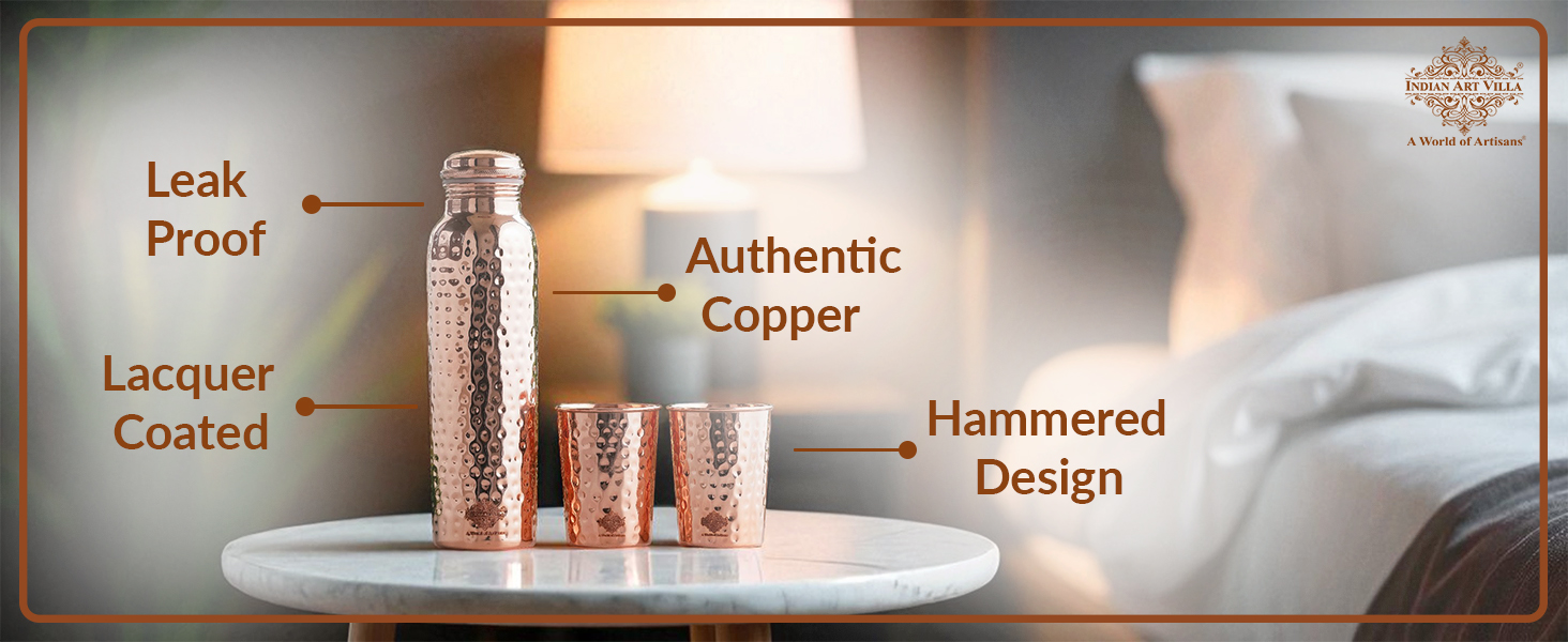 INDIAN ART VILLA Pure Copper Drinkware Gift Set of Hammered Design 1 Bottle & 2 Glass with Blue Box, Gifting Item for Diwali, Birthday & Parties, Bottle-900 ML & Glass- 275 ML