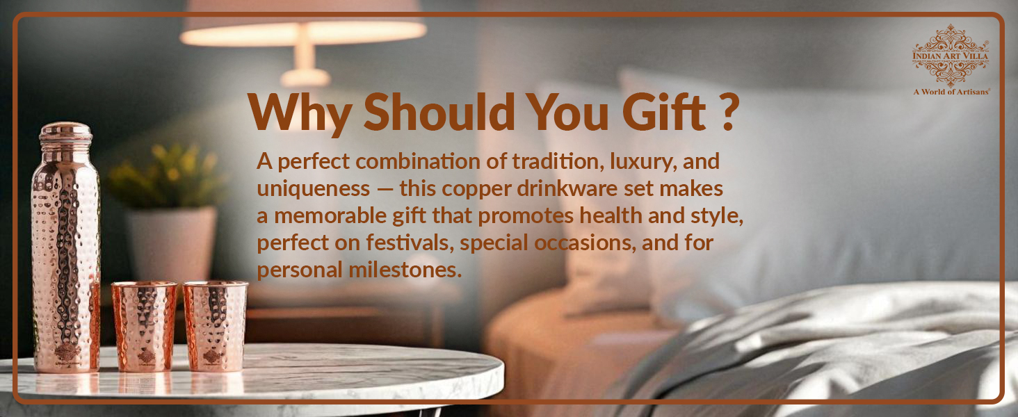INDIAN ART VILLA Pure Copper Drinkware Gift Set of Hammered Design 1 Bottle & 2 Glass with Blue Box, Gifting Item for Diwali, Birthday & Parties, Bottle-900 ML & Glass- 275 ML