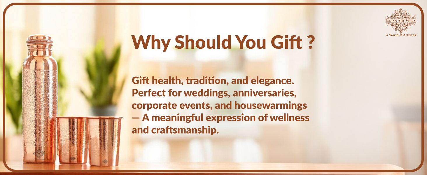 INDIAN ART VILLA Pure Copper Drinkware Gift Set – Embossed Design with 1 Bottle (900 ML) & 2 Glasses (275 ML) in a Blue Box – Gifting Item for Diwali, Weddings, and Festive Occasions