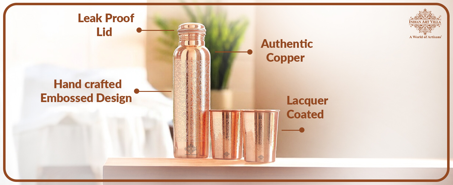 INDIAN ART VILLA Pure Copper Drinkware Gift Set – Embossed Design with 1 Bottle (900 ML) & 2 Glasses (275 ML) in a Blue Box – Gifting Item for Diwali, Weddings, and Festive Occasions