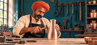 INDIAN ART VILLA Pure Copper Drinkware Gift Set – Embossed Design with 1 Bottle (900 ML) & 2 Glasses (275 ML) in a Blue Box – Gifting Item for Diwali, Weddings, and Festive Occasions