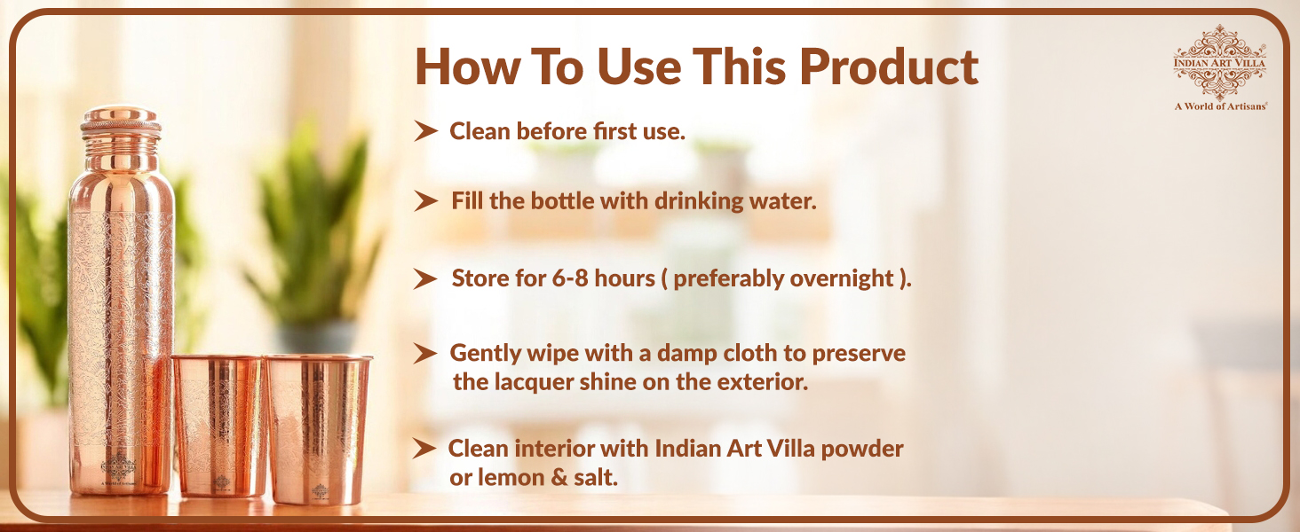 INDIAN ART VILLA Pure Copper Drinkware Gift Set – Embossed Design with 1 Bottle (900 ML) & 2 Glasses (275 ML) in a Blue Box – Gifting Item for Diwali, Weddings, and Festive Occasions