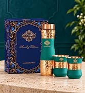 INDIAN ART VILLA Pure Copper Drinkware Gift Set – Embossed Design with 1 Bottle (900 ML) & 2 Glasses (275 ML) in a Blue Box – Gifting Item for Diwali, Weddings, and Festive Occasions