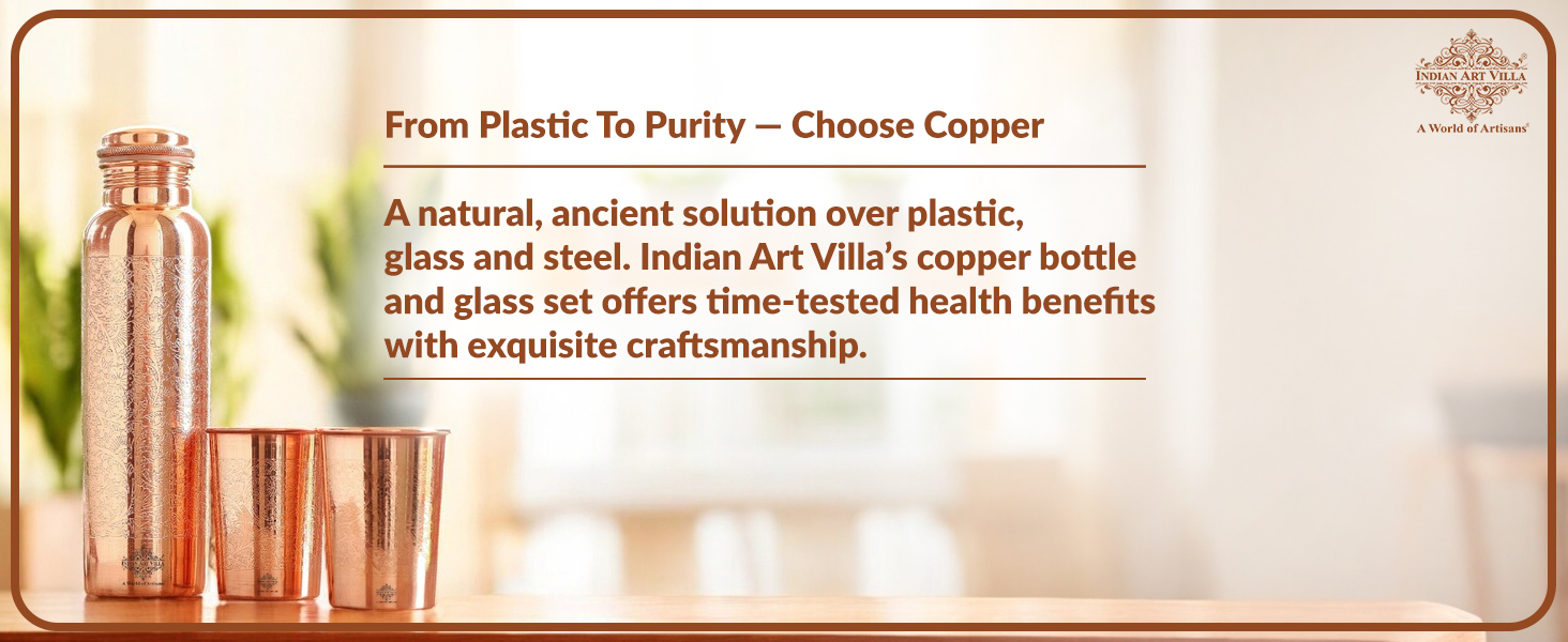 INDIAN ART VILLA Pure Copper Drinkware Gift Set – Embossed Design with 1 Bottle (900 ML) & 2 Glasses (275 ML) in a Blue Box – Gifting Item for Diwali, Weddings, and Festive Occasions