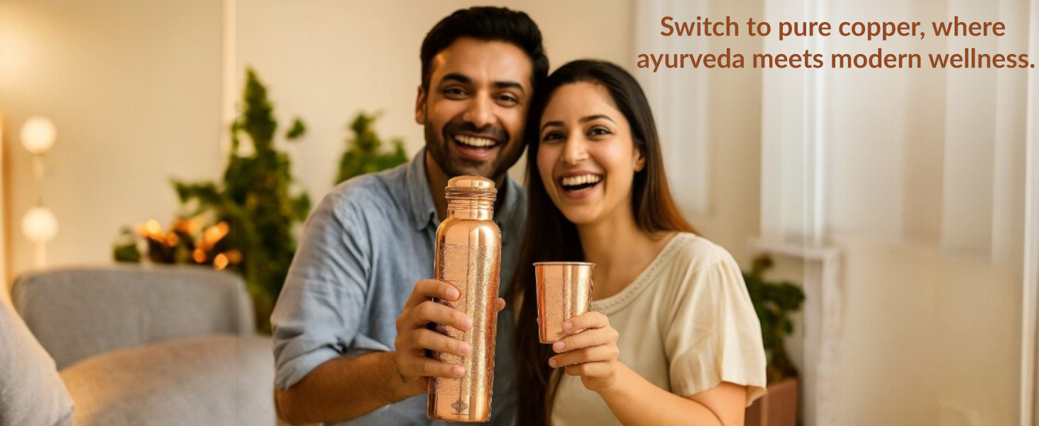 INDIAN ART VILLA Pure Copper Drinkware Gift Set – Embossed Design with 1 Bottle (900 ML) & 2 Glasses (275 ML) in a Blue Box – Gifting Item for Diwali, Weddings, and Festive Occasions
