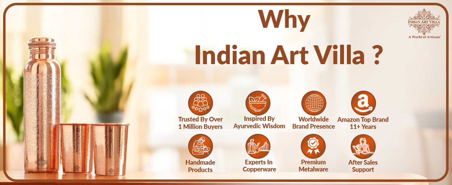 INDIAN ART VILLA Pure Copper Drinkware Gift Set – Embossed Design with 1 Bottle (900 ML) & 2 Glasses (275 ML) in a Blue Box – Gifting Item for Diwali, Weddings, and Festive Occasions