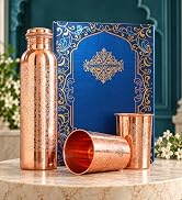 INDIAN ART VILLA Pure Copper Drinkware Gift Set – Embossed Design with 1 Bottle (900 ML) & 2 Glasses (275 ML) in a Blue Box – Gifting Item for Diwali, Weddings, and Festive Occasions