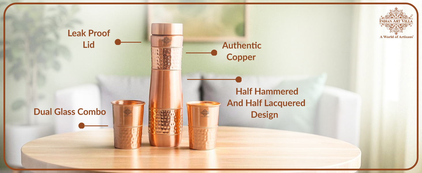 Indian Art Villa Pure Copper Drinkware Gift Set of 1 Bottle & 2 Glass with Royal Blue Box, Gifting Item for Diwali, Birthday & Parties (Volume-1 Litre, Half Hammered with Lacquer Finish)