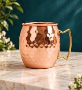 Indian Art Villa Pure Copper Drinkware Gift Set of 1 Bottle & 2 Glass with Royal Blue Box, Gifting Item for Diwali, Birthday & Parties (Volume-1 Litre, Half Hammered with Lacquer Finish)