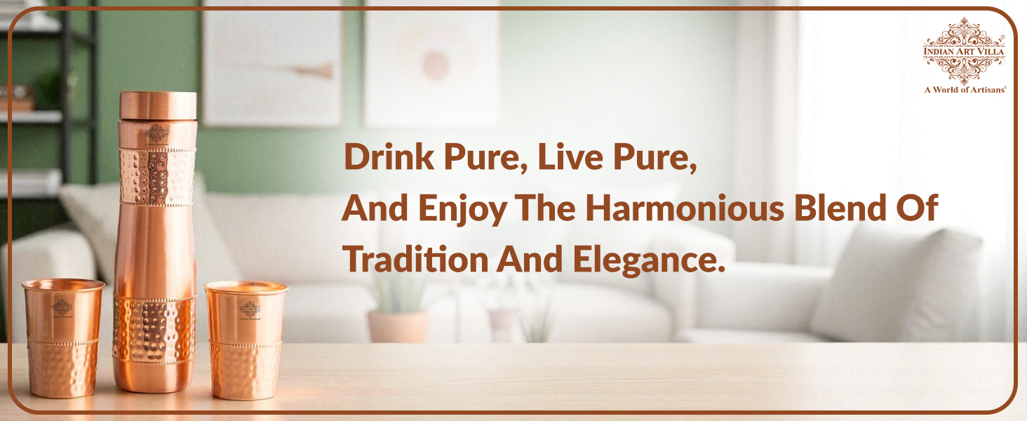 Indian Art Villa Pure Copper Drinkware Gift Set of 1 Bottle & 2 Glass with Royal Blue Box, Gifting Item for Diwali, Birthday & Parties (Volume-1 Litre, Half Hammered with Lacquer Finish)