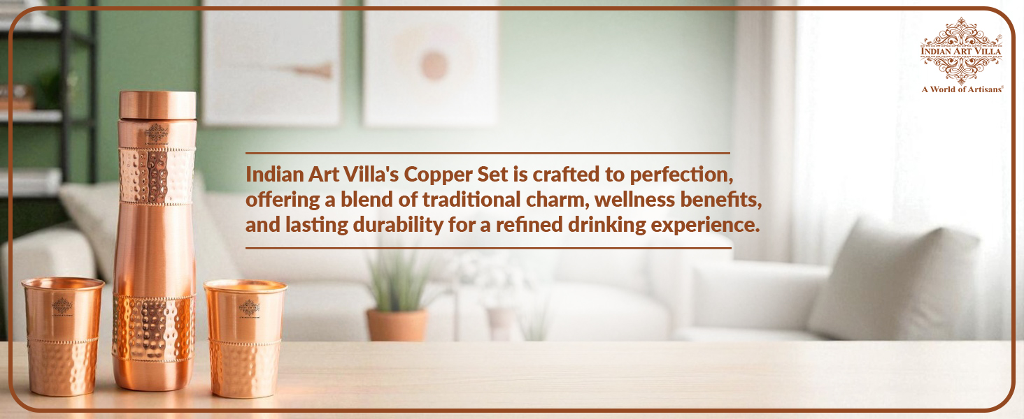 Indian Art Villa Pure Copper Drinkware Gift Set of 1 Bottle & 2 Glass with Royal Blue Box, Gifting Item for Diwali, Birthday & Parties (Volume-1 Litre, Half Hammered with Lacquer Finish)