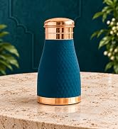 Indian Art Villa Pure Copper Drinkware Gift Set of 1 Bottle & 2 Glass with Royal Blue Box, Gifting Item for Diwali, Birthday & Parties (Volume-1 Litre, Half Hammered with Lacquer Finish)