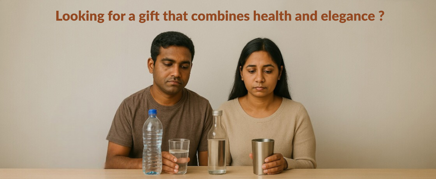 Indian Art Villa Pure Copper Drinkware Gift Set of 1 Bottle & 2 Glass with Royal Blue Box, Gifting Item for Diwali, Birthday & Parties (Volume-1 Litre, Half Hammered with Lacquer Finish)