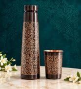 Indian Art Villa Pure Copper Drinkware Gift Set of 1 Bottle & 2 Glass with Royal Blue Box, Gifting Item for Diwali, Birthday & Parties (Volume-1 Litre, Half Hammered with Lacquer Finish)