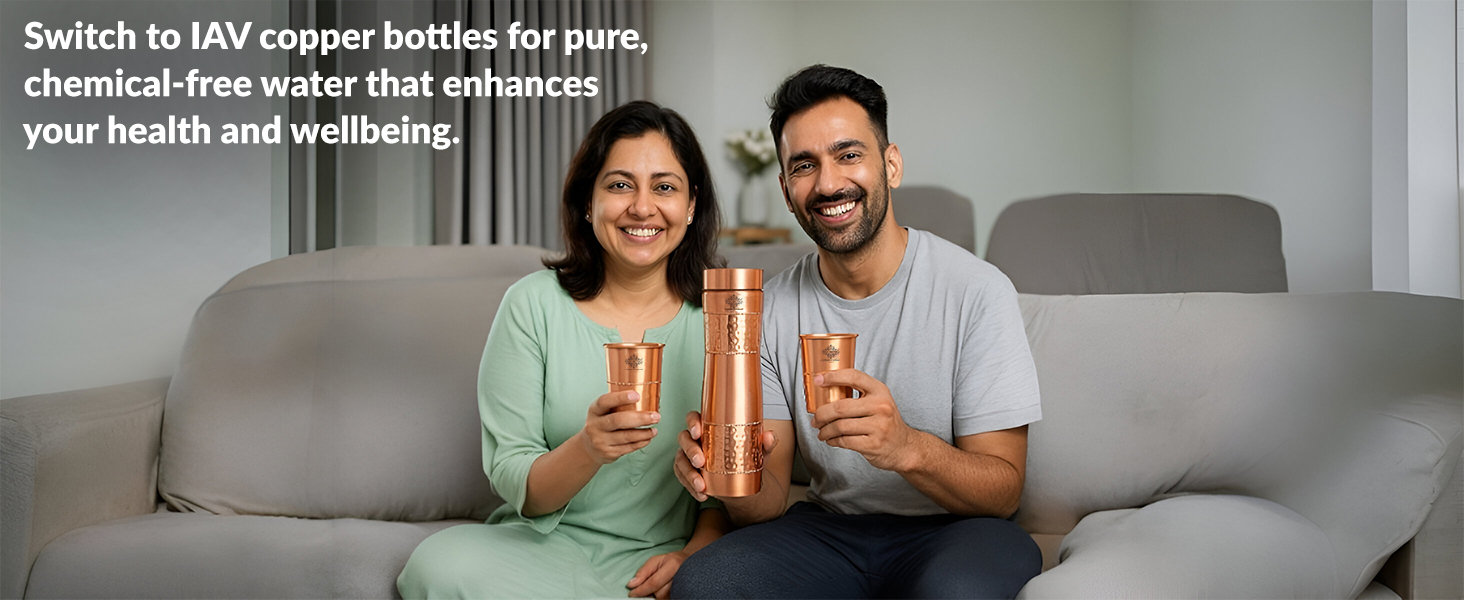 Indian Art Villa Pure Copper Drinkware Gift Set of 1 Bottle & 2 Glass with Royal Blue Box, Gifting Item for Diwali, Birthday & Parties (Volume-1 Litre, Half Hammered with Lacquer Finish)